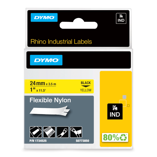 Dymo 1734525 RHINO flexibel nylon zwart op geel 24mm Dymo 1734525 RHINO flexibel nylon zwart op geel 24mm