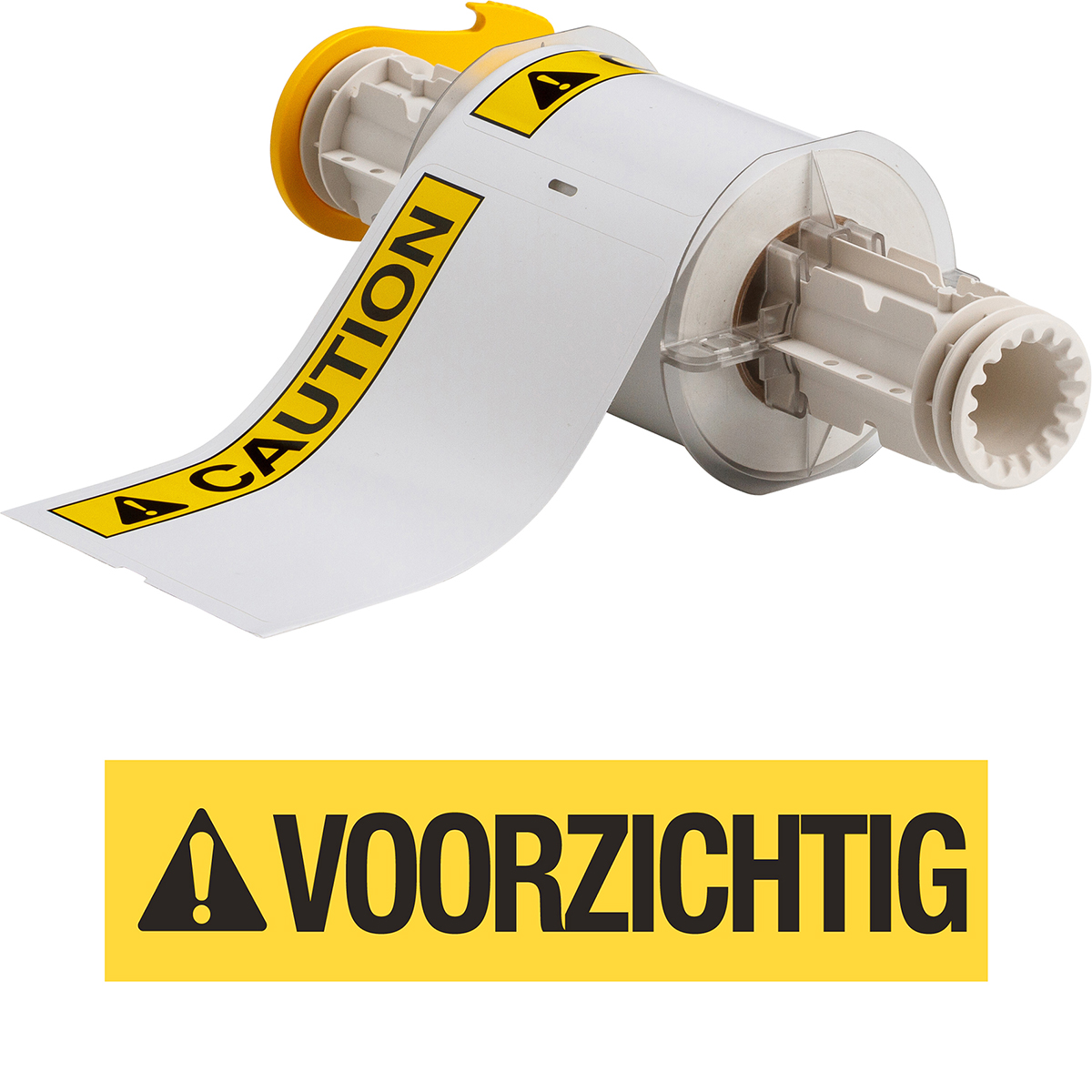 130781-B85-102x152-595-VOORZICHTIG BBP85 Labels - Vinyl 102x152 VOORZICHTIG, 102,00 mm (B) x 152,00 mm (H), Zwart, geel op wit