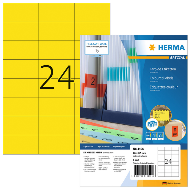 Etiket HERMA 4406 70x37mm geel 2400 etiketten Etiket HERMA 4406 70x37mm geel 2400 etiketten