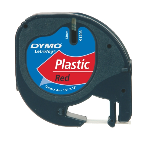 Dymo 91203 LetraTag plastic tape zwart op rood 12mm