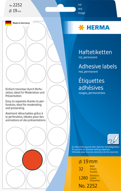 Etiket HERMA 2252 rond 19mm rood 1280stuks Etiket HERMA 2252 rond 19mm rood 1280stuks