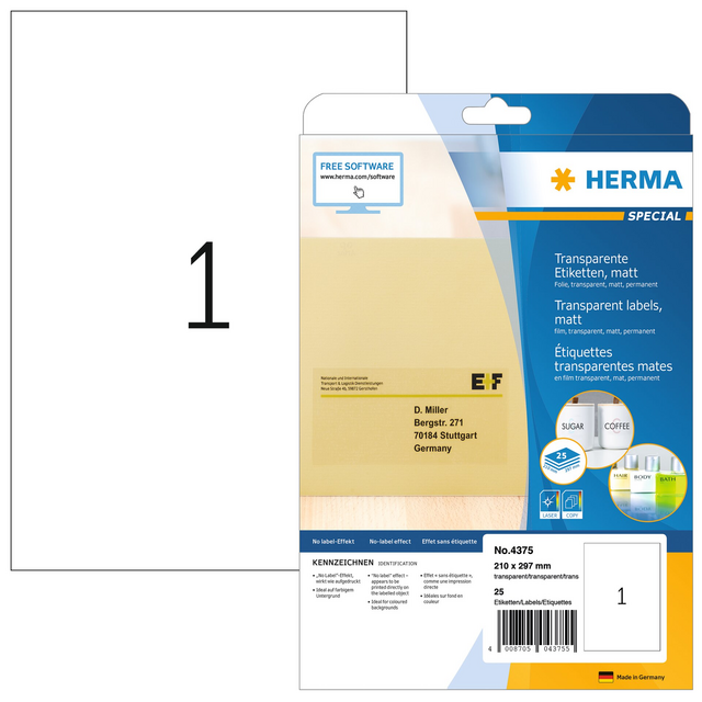 Etiket HERMA 4375 210x297mm A4 transparant 25stuks Etiket HERMA 4375 210x297mm A4 transparant 25stuks