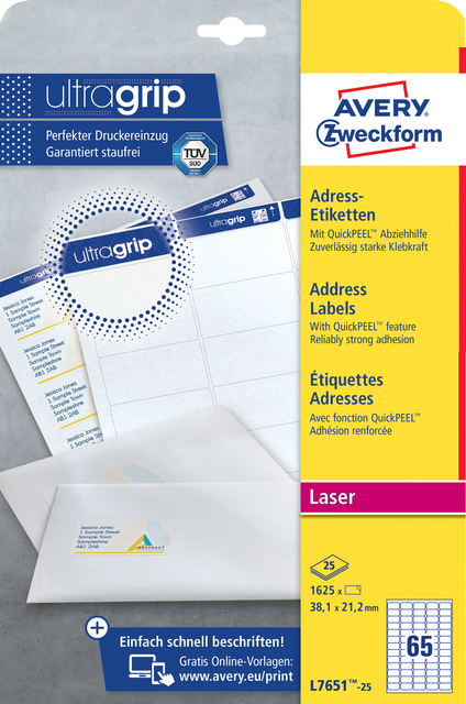 Etiket Avery L7651-25 38.1x21.2mm wit 1625 etiketten Etiket Avery L7651-25 38.1x21.2mm wit 1625 etiketten