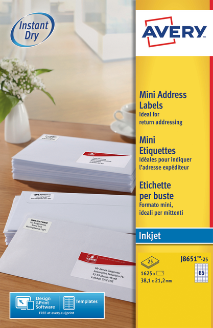 Etiket Avery J8651-25 38.1x21.2mm wit 1625 etiketten Etiket Avery J8651-25 38.1x21.2mm wit 1625 etiketten