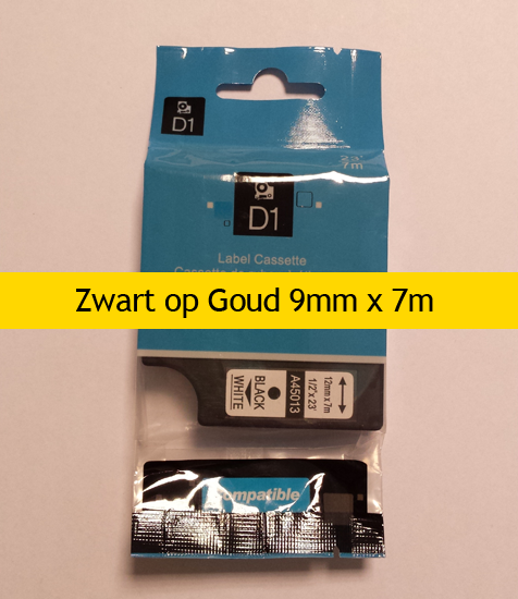 A40923 Dymo Compatibele D1 Standaard Vinyl Tape Zwart op Goud 9mm