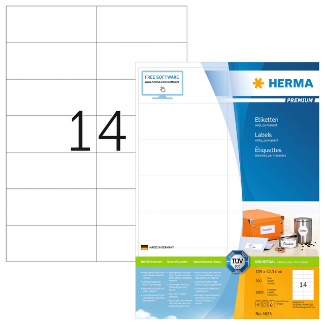 Etiket HERMA 4625 105x42.3mm premium wit 2800stuks Etiket HERMA 4625 105x42.3mm premium wit 2800stuks