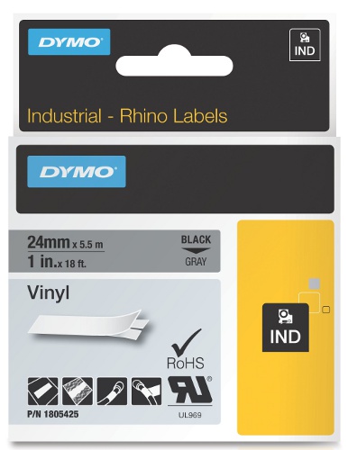 Dymo RHINO 1805425 vinyl zwart op grijs 24mm - EOL