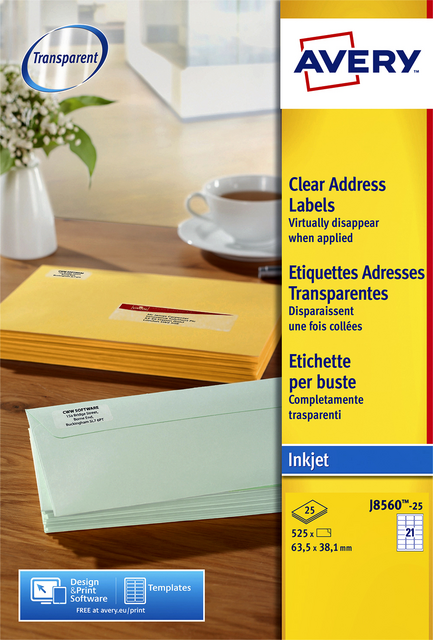 Etiket Avery J8560-25 63.5x38.1mm transparant 525 etiketten Etiket Avery J8560-25 63.5x38.1mm transparant 525 etiketten