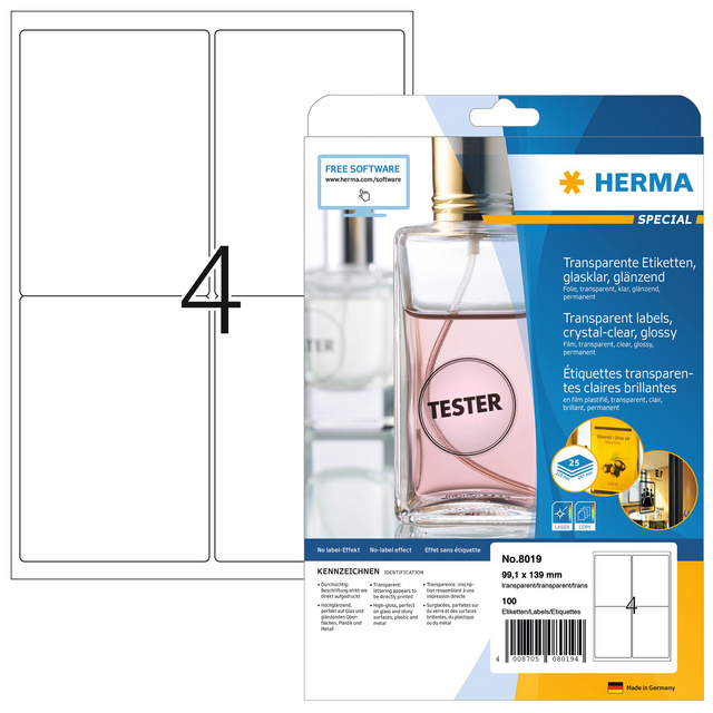 Etiket HERMA 8019 99.1x139mm transparant 100 etiketten Etiket HERMA 8019 99.1x139mm transparant 100 etiketten