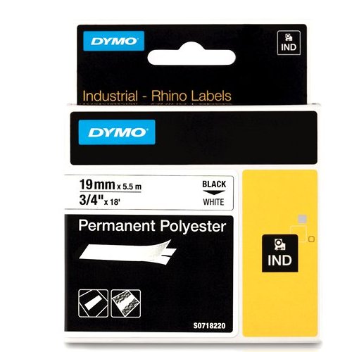 Dymo 18484 RHINO Permanente Polyester Tape zwart op wit 19mm