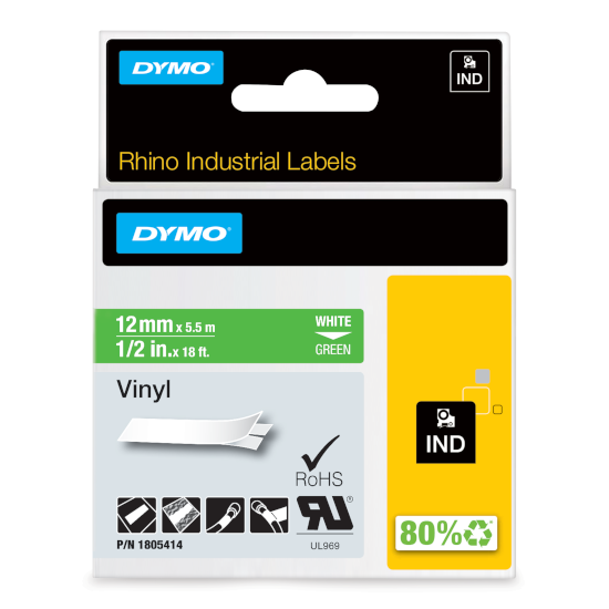 Dymo RHINO 1805414 vinyl wit op groen 12mm