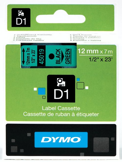 Dymo 45019 D1 Tape 12mm x 7m zwart op groen 