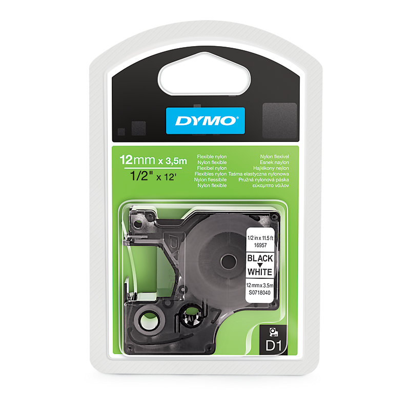 Dymo 16957 D1 Flexibele Nylon Tape 12mm zwart op wit