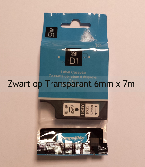 A43610 Dymo Compatibele D1 Standaard Vinyl Tape Zwart op Transparant 6mm A43610 Dymo Compatibele D1 Standaard Vinyl Tape Zwart op Transparant 6mm