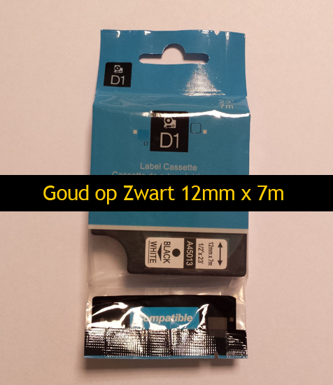 A45024 Dymo Compatibele D1 Standaard Vinyl Tape Goud op Zwart 12mm