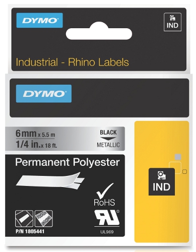 Dymo RHINO 1805441 permanent polyester zwart op metallic 6mm