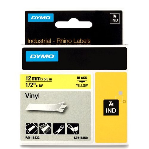 Dymo RHINO 18432 Gekleurd Vinyl zwart op geel 12mm