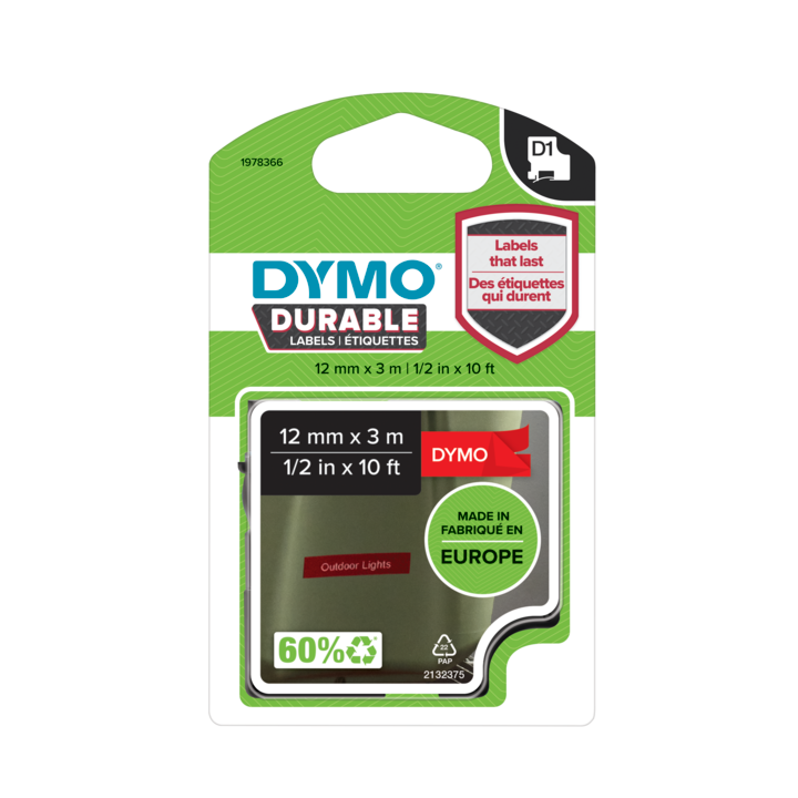 Dymo 1978366 Durable D1 tape wit op rood Dymo 1978366 Durable D1 tape wit op rood
