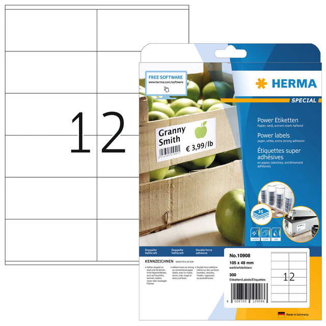 Etiket HERMA Power 10908 105x48mm wit 300stuks Etiket HERMA Power 10908 105x48mm wit 300stuks