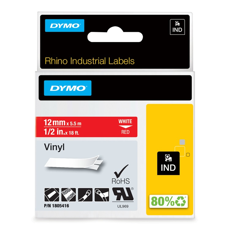 Dymo RHINO 1805416 vinyl wit op rood 12mm Dymo RHINO 1805416 vinyl wit op rood 12mm