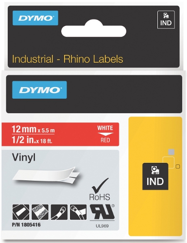 Dymo RHINO 1805416 vinyl wit op rood 12mm