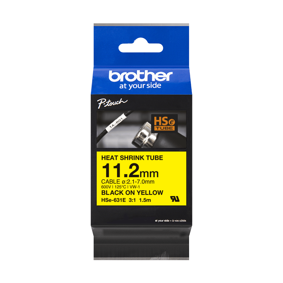 Brother HSE-631E Heat Shrink Tube, 11,2mm, zwart op geel Brother HSE-631E Heat Shrink Tube, 11,2mm, zwart op geel