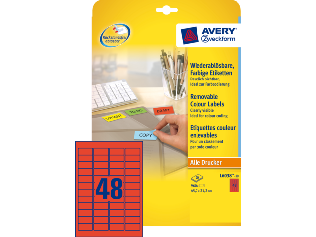 L6038-20 etiket avery zweck l603820 45.7x21.2mm 960st rood