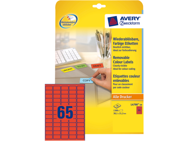 L4790-20 etiket avery zweck l4790 38.1x21.2mm 1300st rood