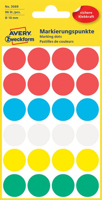 Etiket Avery Zweckform 3089 rond 18mm assorti 96stuks Etiket Avery Zweckform 3089 rond 18mm assorti 96stuks
