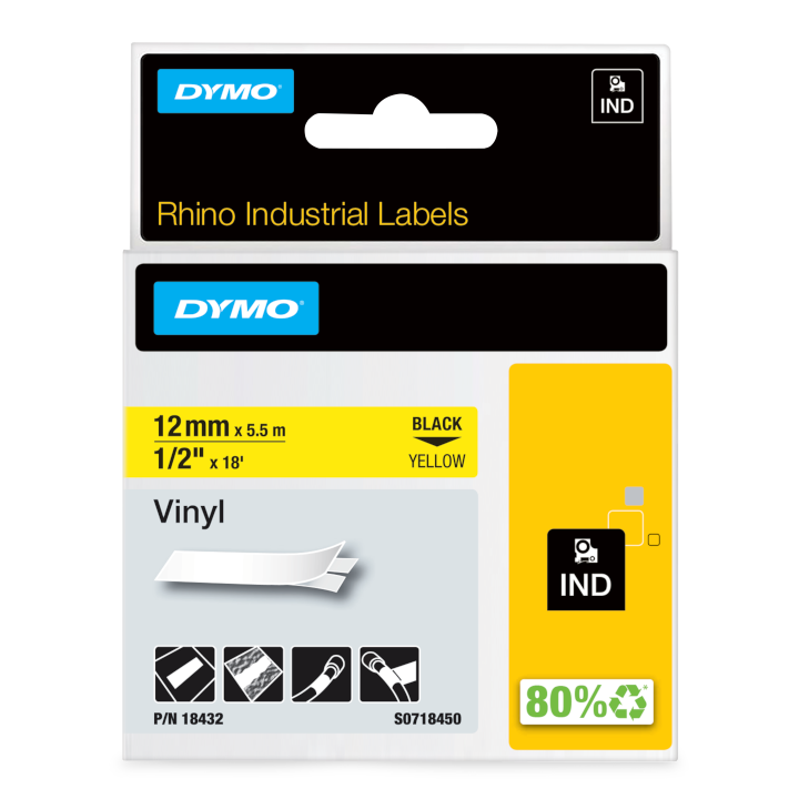 Dymo 18432 RHINO vinyl zwart op geel 12mm Dymo 18432 RHINO vinyl zwart op geel 12mm