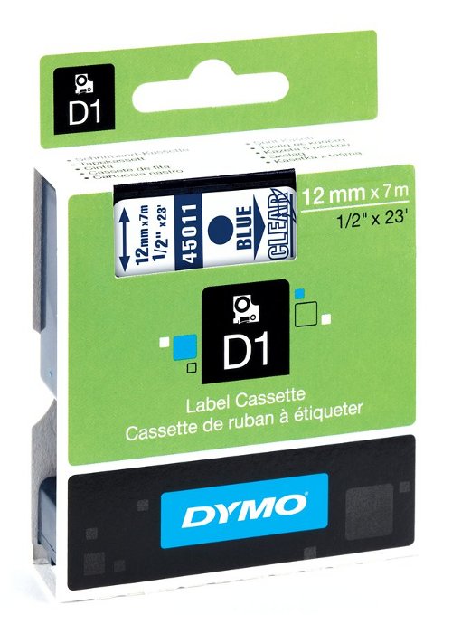 Dymo 45011 D1 Tape 12mm x 7m blauw op transparant EOL