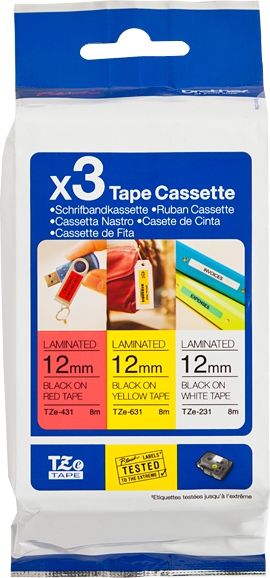 Brother TZe-31M3 12mm bundel rood, wit, geel Brother TZe-31M3 12mm bundel rood, wit, geel