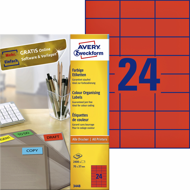 Etiket Avery Zweckform 3448 70x37mm rood 2400stuks Etiket Avery Zweckform 3448 70x37mm rood 2400stuks