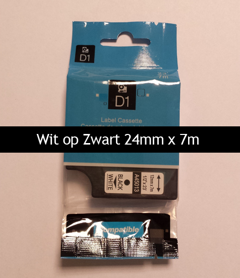 A53721 Dymo Compatibele D1 Standaard Vinyl Tape Wit op Zwart 24mm