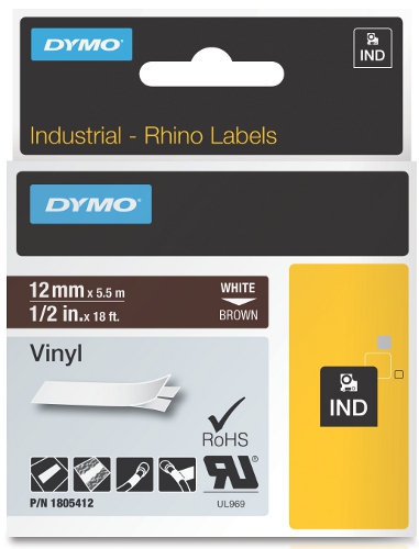 Dymo RHINO 1805412 vinyl wit op bruin 12mm - EOL