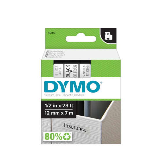 Dymo 45010 D1 Tape 12mm x 7m zwart op transparant 