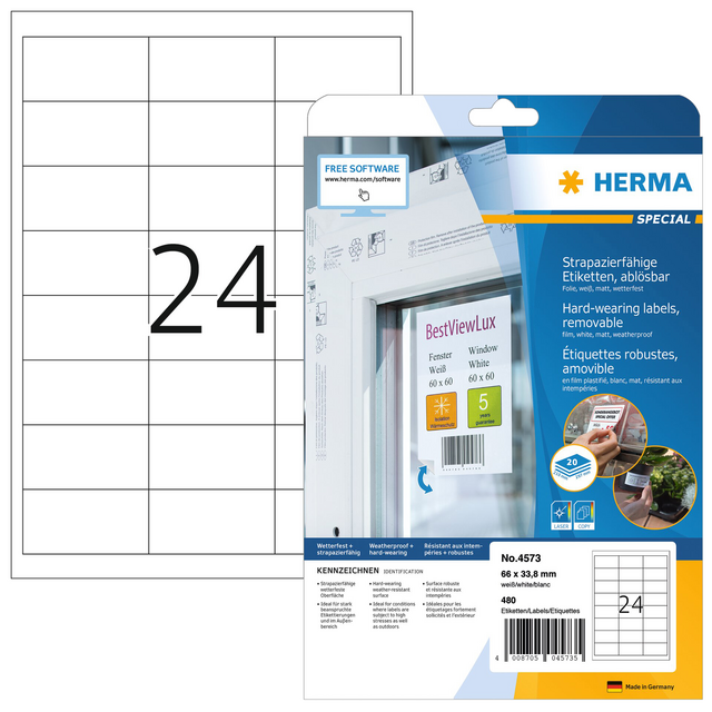 Etiket HERMA 4573 66x33.8mm folie wit 480 etiketten Etiket HERMA 4573 66x33.8mm folie wit 480 etiketten