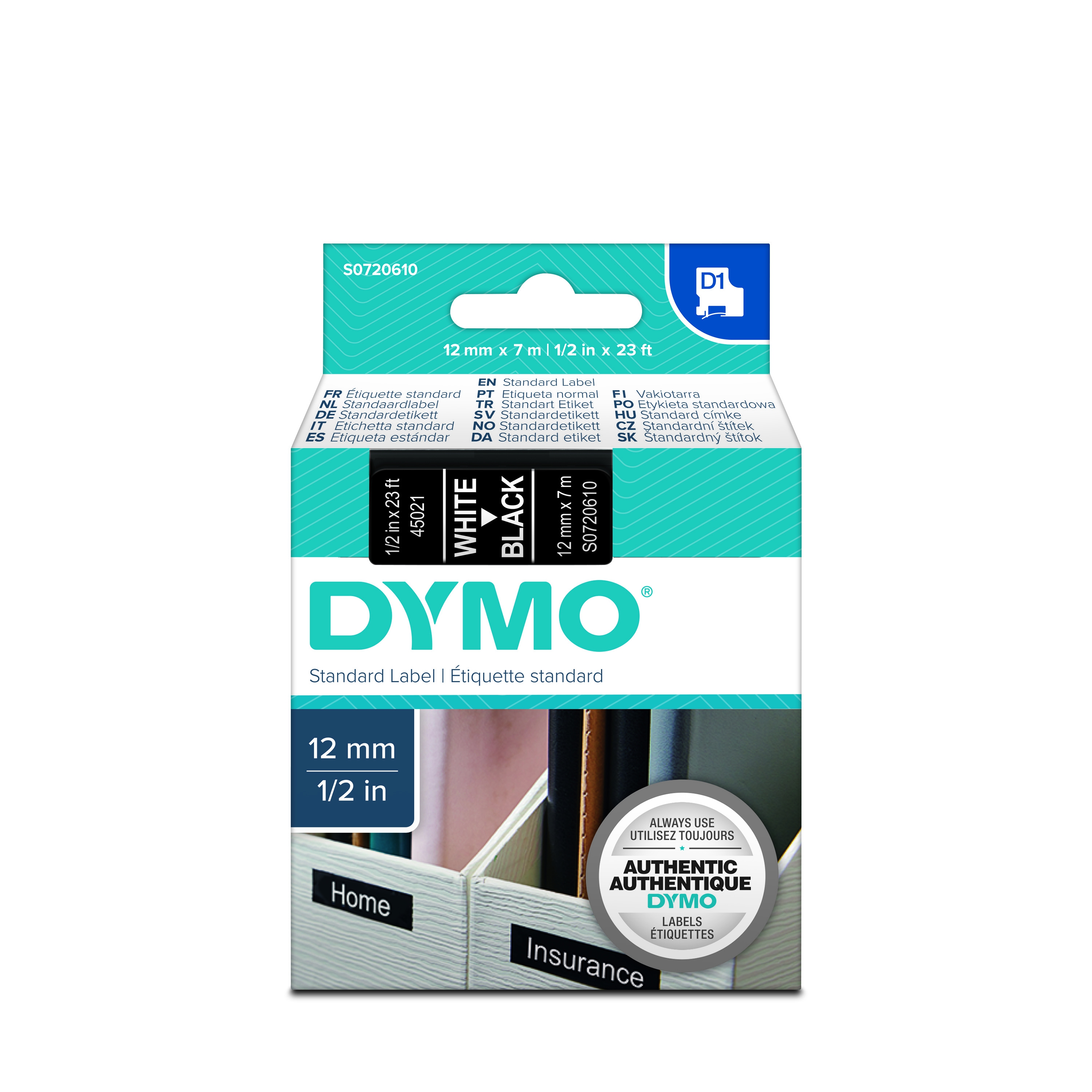 Dymo 45021 D1 Tape 12mm x 7m wit op zwart 