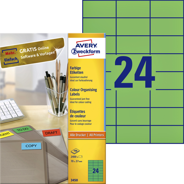 Etiket Avery Zweckform 3450 70x37mm groen 2400stuks Etiket Avery Zweckform 3450 70x37mm groen 2400stuks