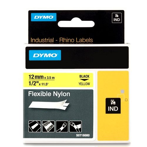 Dymo RHINO 18490 flexibele nylontape zwart op geel 12mm