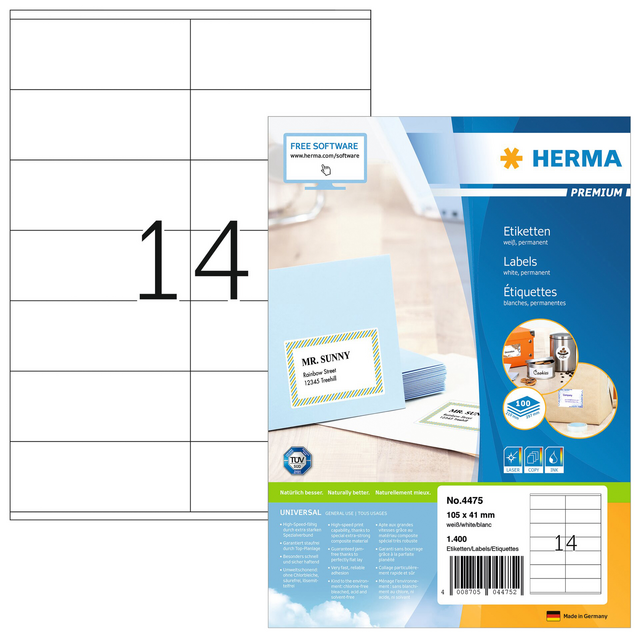 Etiket HERMA 4475 105x41mm premium wit 1400stuks Etiket HERMA 4475 105x41mm premium wit 1400stuks