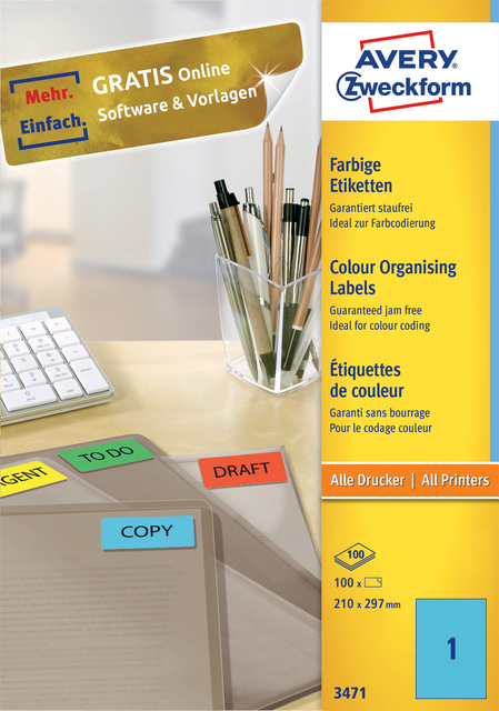Etiket Avery Zweckform 3471 210x297mm A4 blauw 100stuks