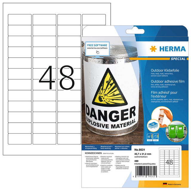 HERMA 9531 Label, 45.7 x 21.2 mm, weather-resistant, 480 pieces HERMA 9531 Label, 45.7 x 21.2 mm, weather-resistant, 480 pieces