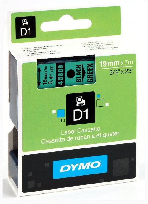 Dymo 45809 D1 Tape 19mm x 7m zwart op groen 