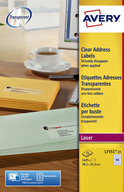 Etiket Avery L7551-25 38.1x21.1mm transparant 1625 etiketten Etiket Avery L7551-25 38.1x21.1mm transparant 1625 etiketten