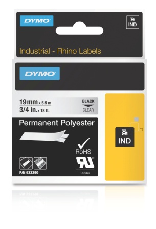 Dymo 622290 RHINO permanent polyester zwart op transparant 19mm