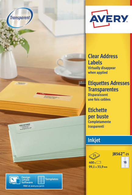 Etiket Avery J8562-25 99.1x33.9mm transparant 400 etiketten Etiket Avery J8562-25 99.1x33.9mm transparant 400 etiketten