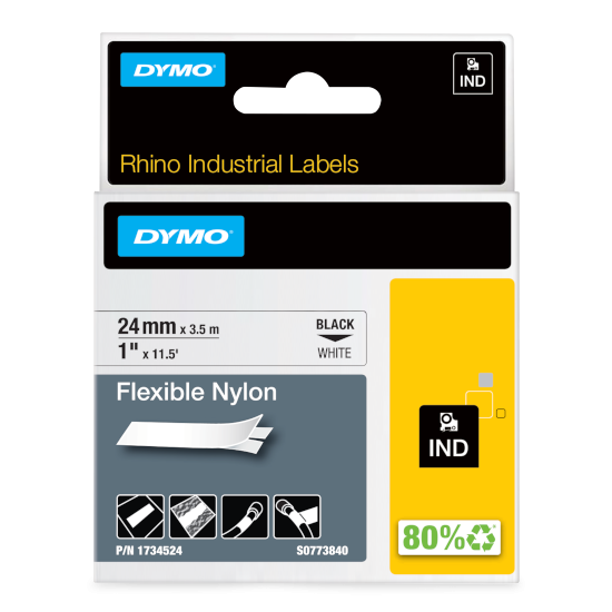 Dymo 1734524 RHINO flexibele nylontape zwart op wit 24mm