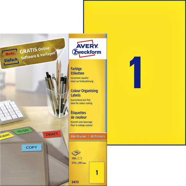 Etiket Avery Zweckform 3473 210x297mm A4 geel 100stuks Etiket Avery Zweckform 3473 210x297mm A4 geel 100stuks