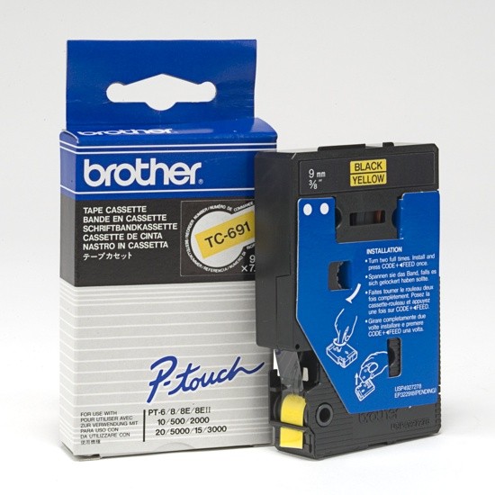 Brother TC-691 Tape Zwart op geel, 9mm.